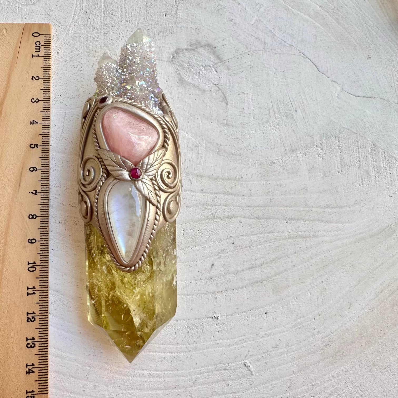 Spiritual crystal healing tool with citrine crystal, angel aura quartz, morganite, moonstone, rhodolite garnet