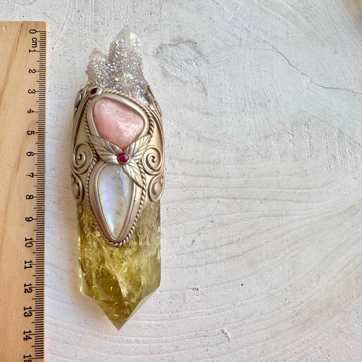 Spiritual crystal healing tool with citrine crystal, angel aura quartz, morganite, moonstone, rhodolite garnet
