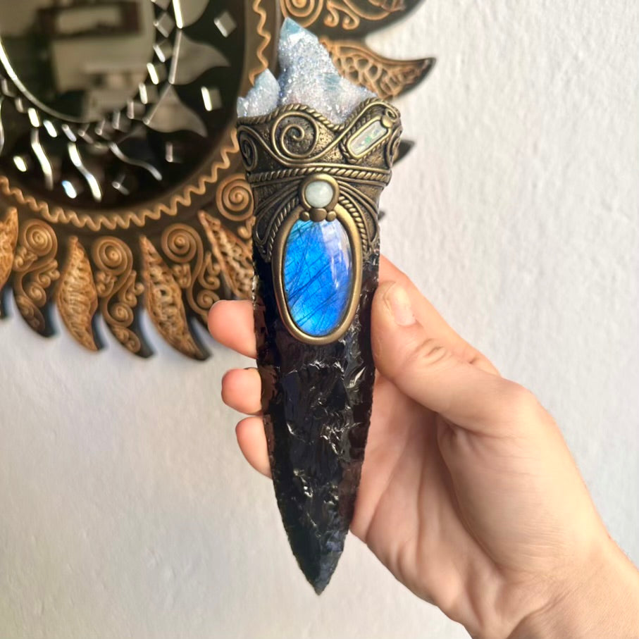 Raw crystal wand with Black Obsidian arrowhead and Aqua Aura Spirit Quartz cluster