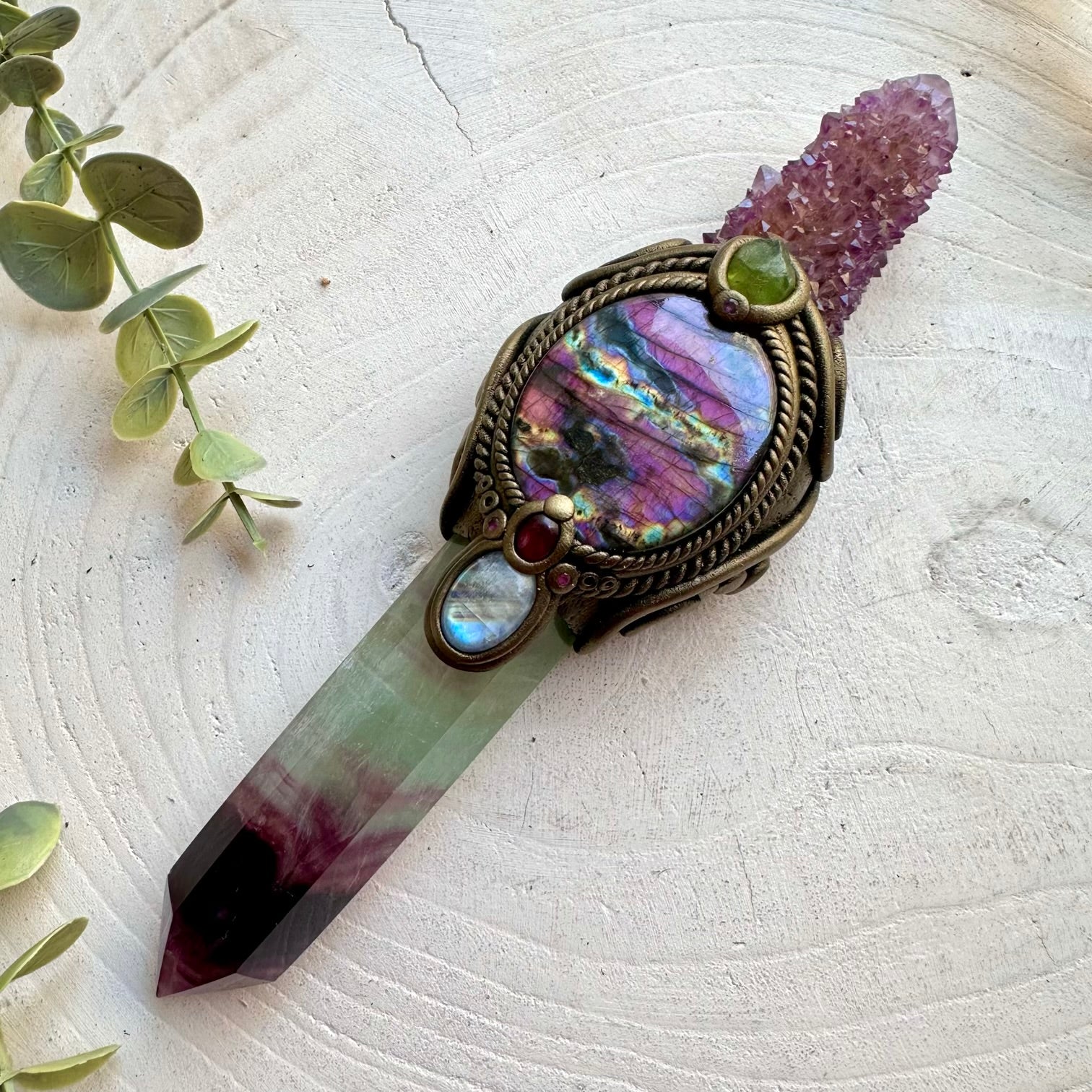 Handmade energy wand featuring Purple Labradorite, Rainbow Moonstone and Ruby accents.