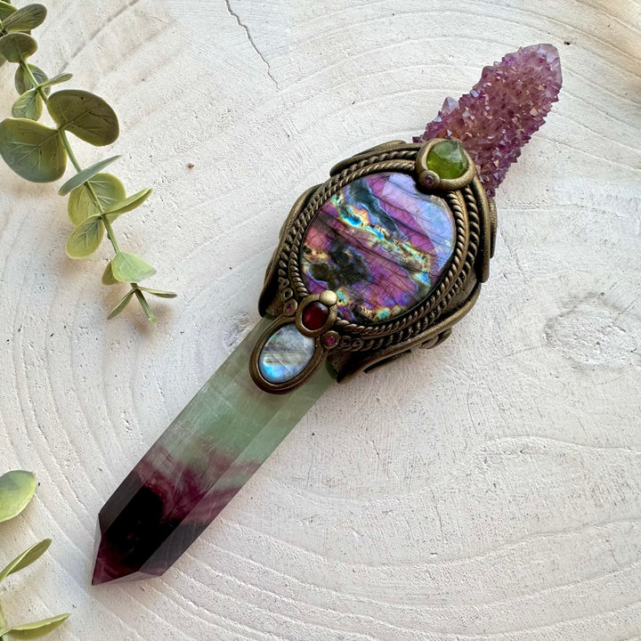 Handmade energy wand featuring Purple Labradorite, Rainbow Moonstone and Ruby accents.