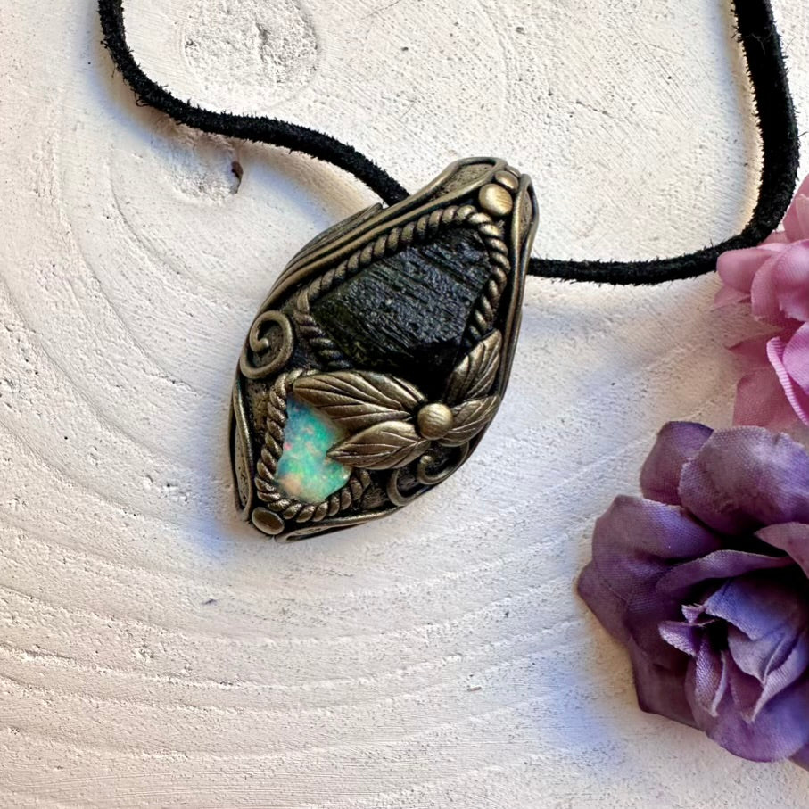 One-of-a-kind Moldavite and raw Ethiopian Opal crystal pendant necklace, wearable metaphysical amulet handmade with intention.