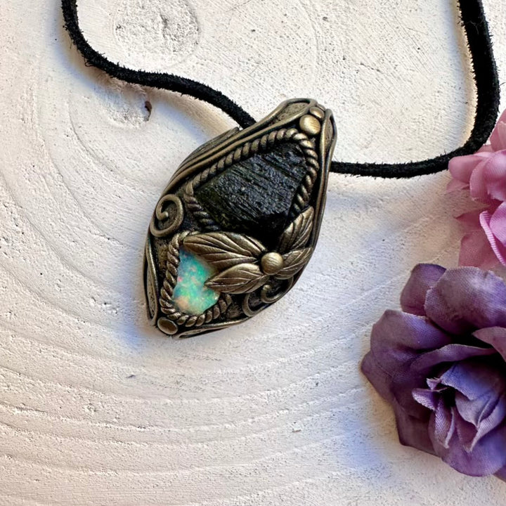 One-of-a-kind Moldavite and raw Ethiopian Opal crystal pendant necklace, wearable metaphysical amulet handmade with intention.