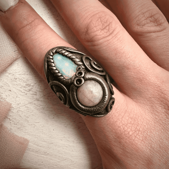 Raw Opal and Morganite Ring - FairyGardenGlow