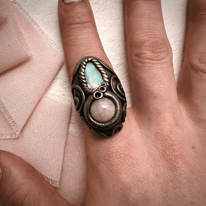 Raw Opal and Morganite Ring - FairyGardenGlow