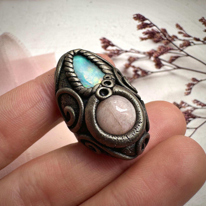 Raw Opal and Morganite Ring - FairyGardenGlow