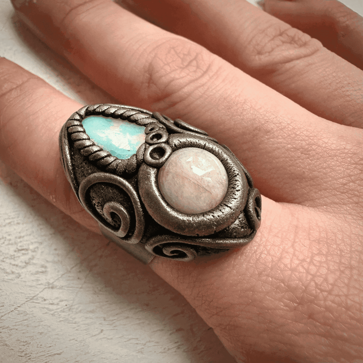 Raw Opal and Morganite Ring - FairyGardenGlow