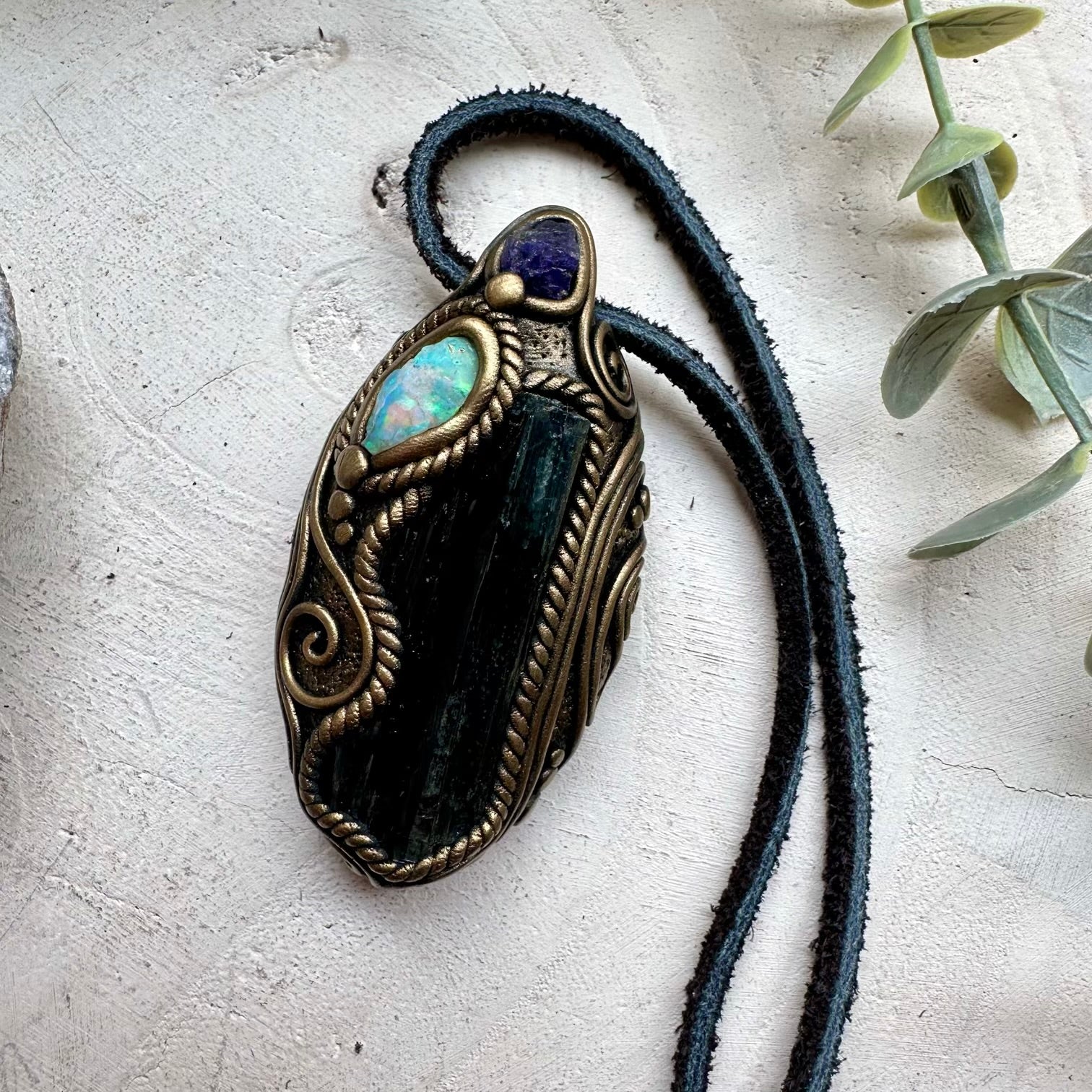 Handmade necklace with vivianite Ethiopian opal and tanzanite