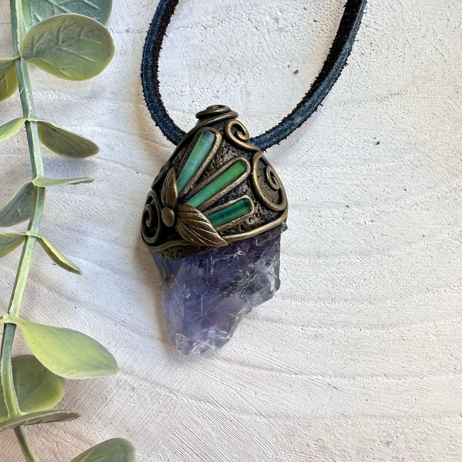 Raw blue purple fluorite and green tourmaline pendant necklace