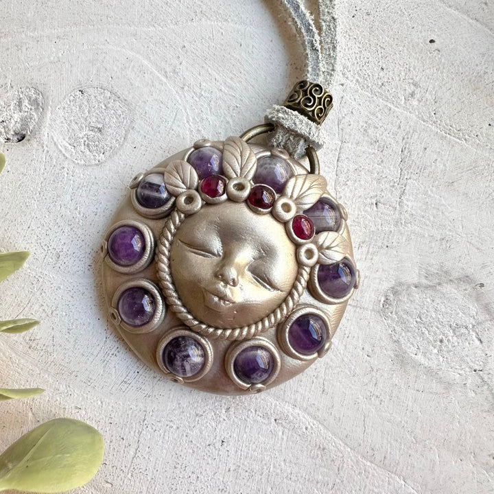 Handmade gemstone necklace amethyst rhodolite garnet spiritual jewelry