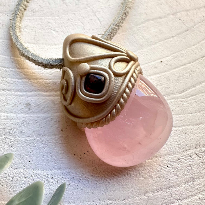 Protection amulet crystal necklace with rose quartz and rhodolite garnet gemstones