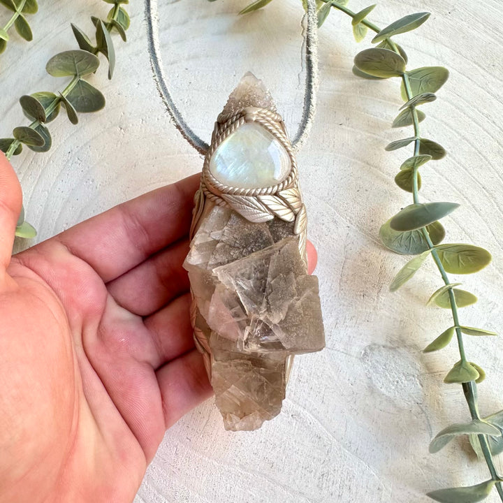 Protection amulet crystal wand pendant with rainbow moonstone and fluorite