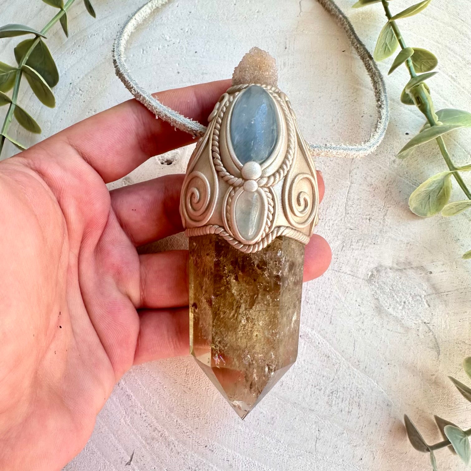 Protection amulet crystal wand with citrine spirit quartz topaz and celestite