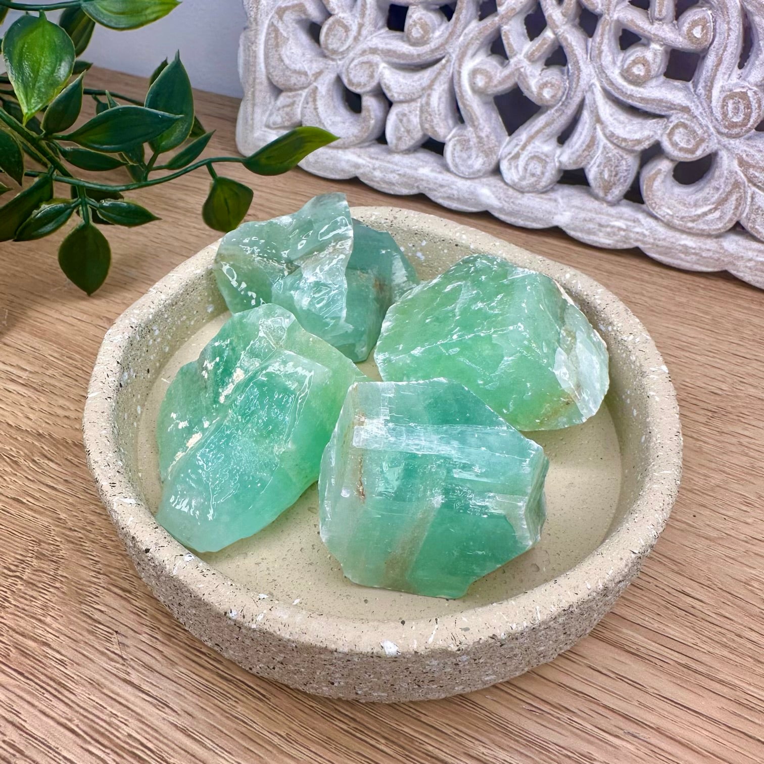 Raw green calcite crystal for emotional healing and positive energy