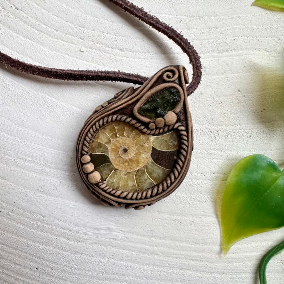 Natural gemstone necklace with Ammonite and Moldavite