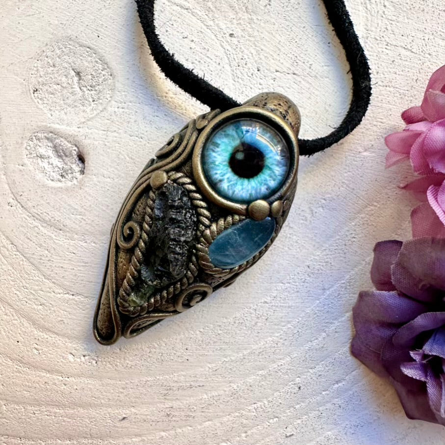 One-of-a-kind Moldavite and Aquamarine eye pendant, wearable metaphysical protection talisman necklace.