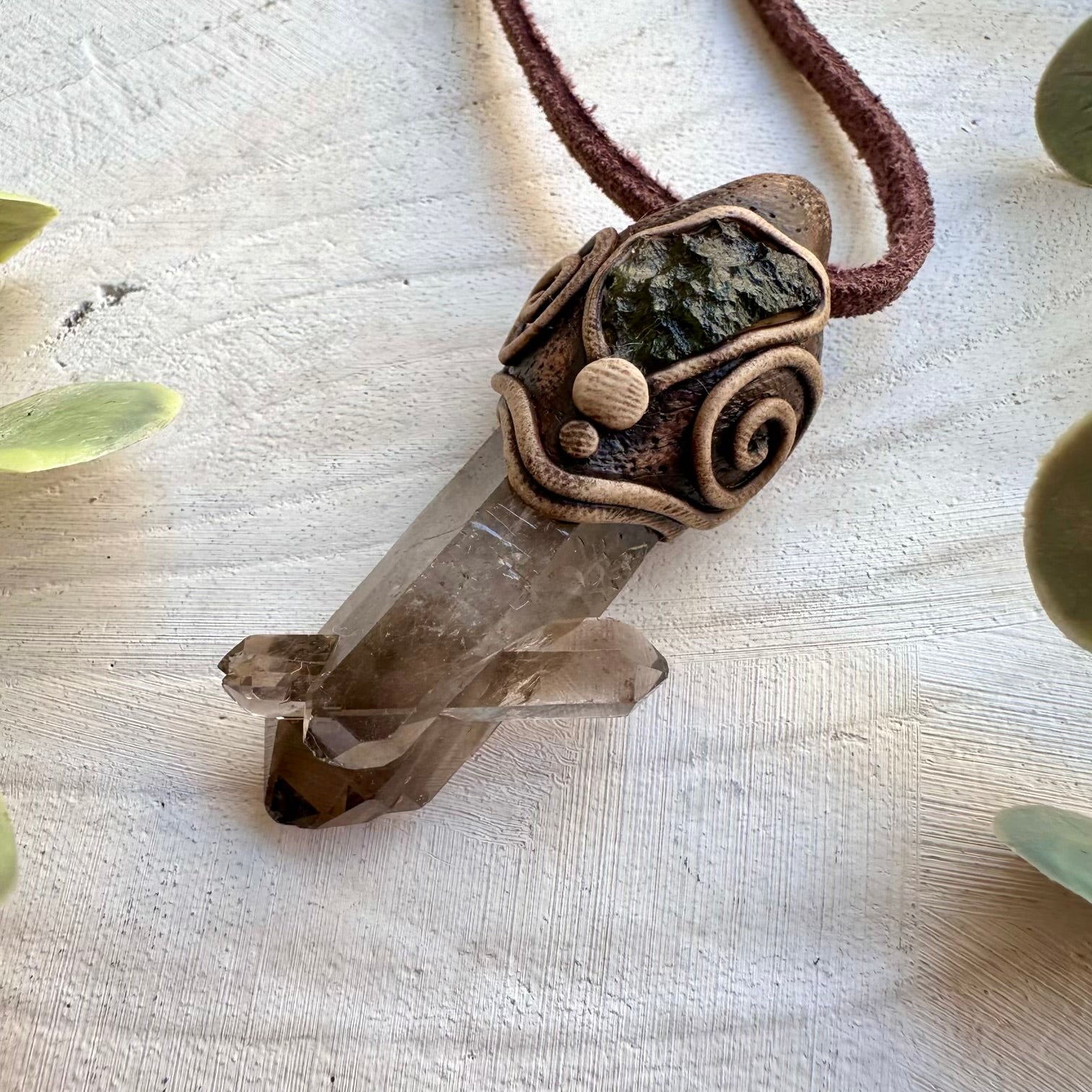 Energy healing pendant with smoky quartz and raw moldavite