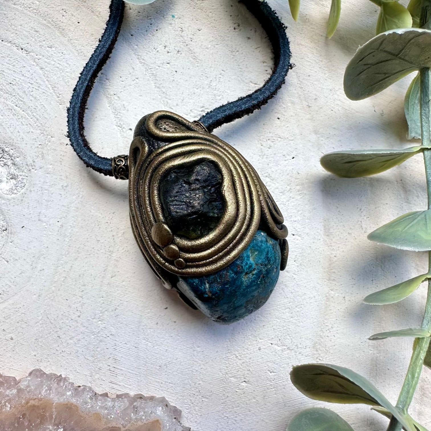 One of a kind moldavite and shattuckite gemstone necklace