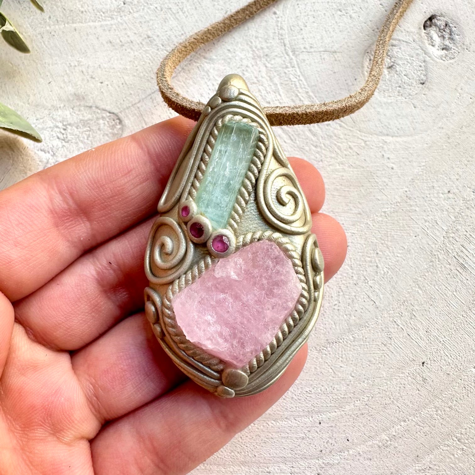 Raw morganite with aquamarine and ruby pendant necklace