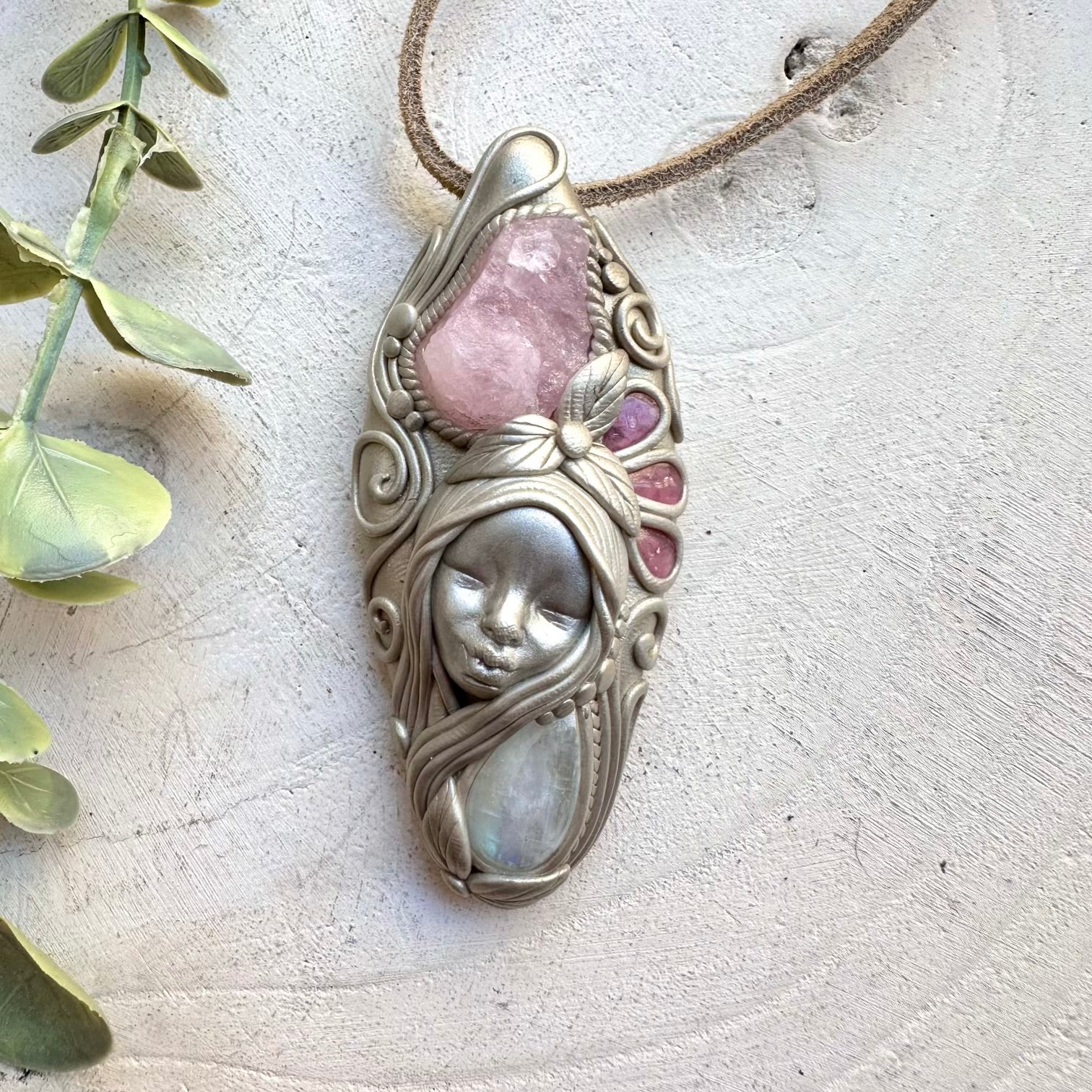 Healing crystal goddess pendant with raw morganite and moonstone