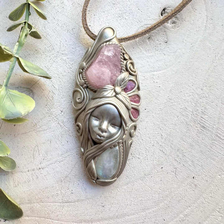 Healing crystal goddess pendant with raw morganite and moonstone
