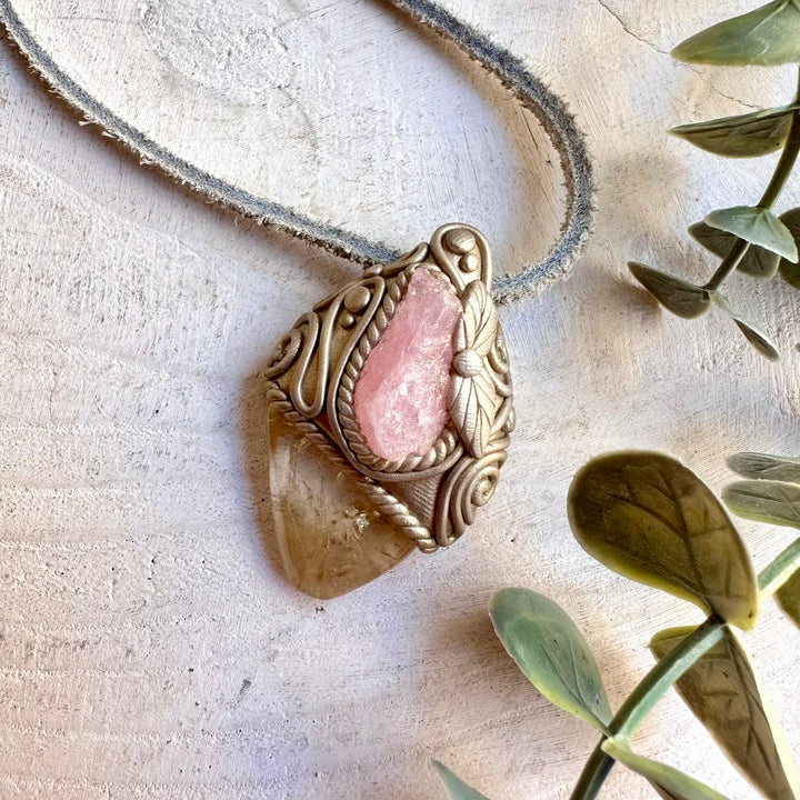 Unique Citrine and Morganite talisman necklace symbolizing prosperity, optimism, tenderness and heart-centered connection.