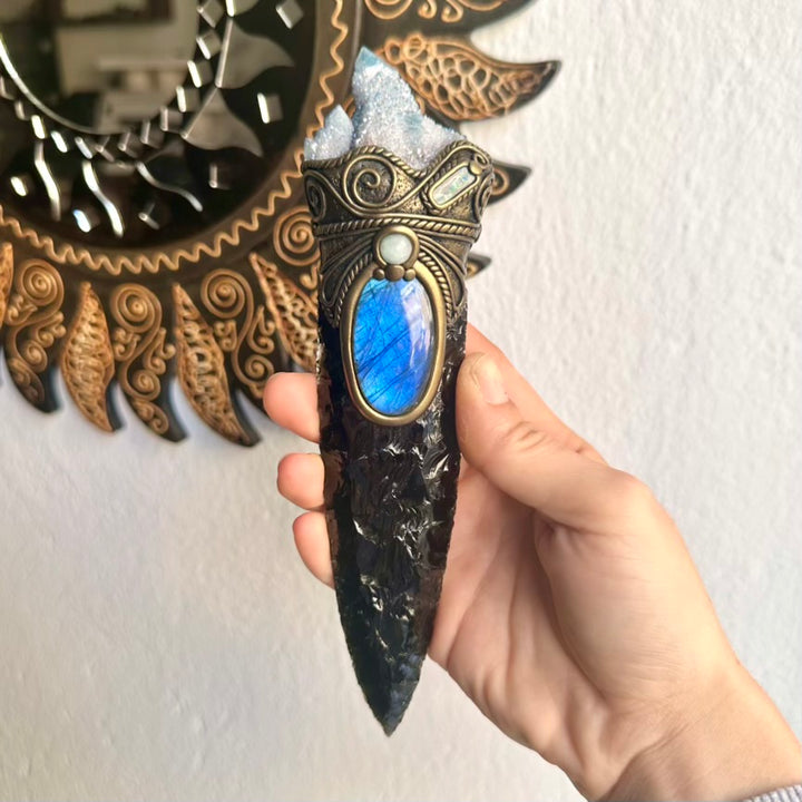 Mystical witch wand with Aqua Aura cluster, Aquamarine and Boulder Opal