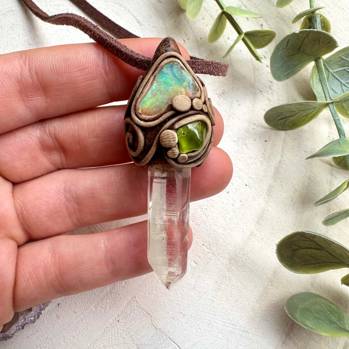 Energy pendant with lemurian quartz and raw opal