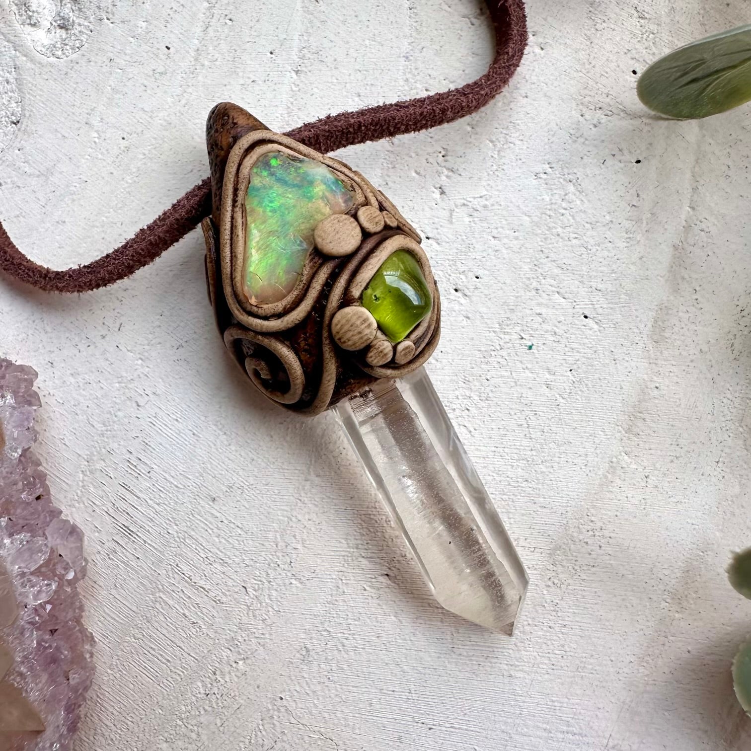 Spiritual jewelry combining quartz opal and peridot
