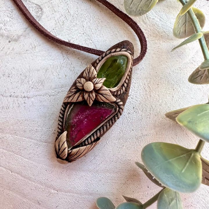 Healing crystal jewelry featuring Watermelon Tourmaline and raw Peridot