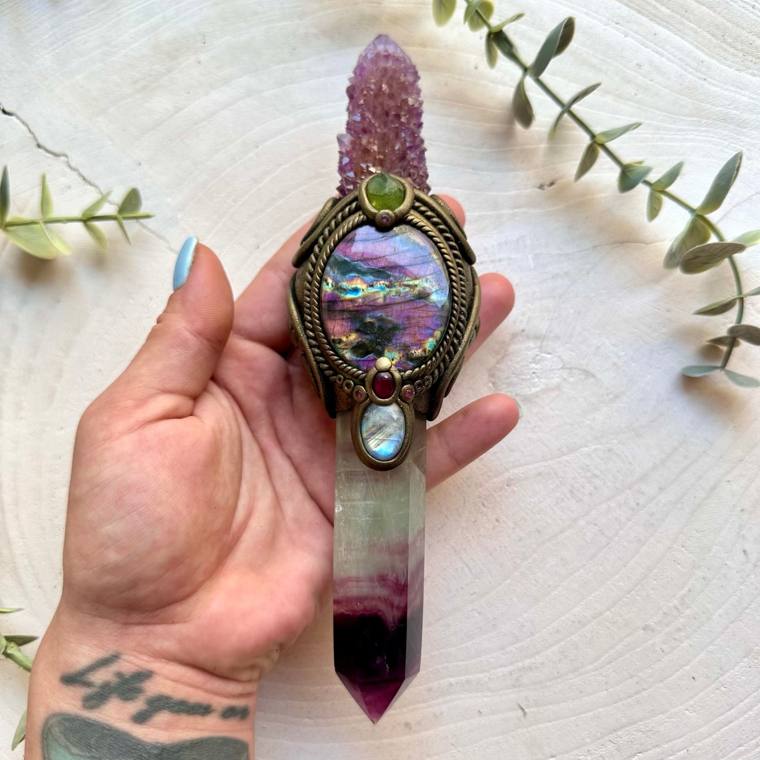 Handmade raw crystal wand featuring Rainbow Fluorite, Deep Purple Spirit Quartz and Purple Labradorite.