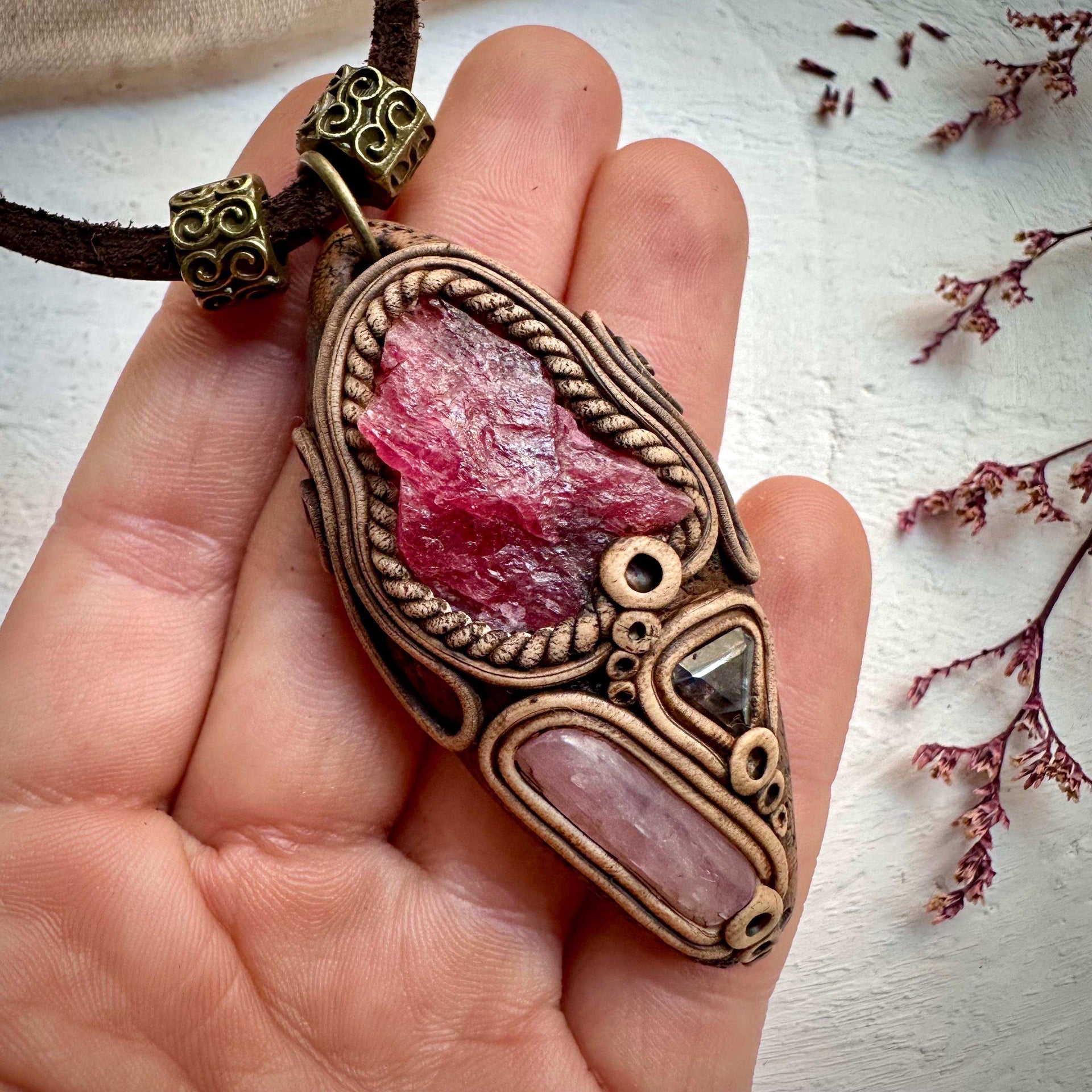 Raw Rhodonite Kunzite and Iolite Necklace - FairyGardenGlow