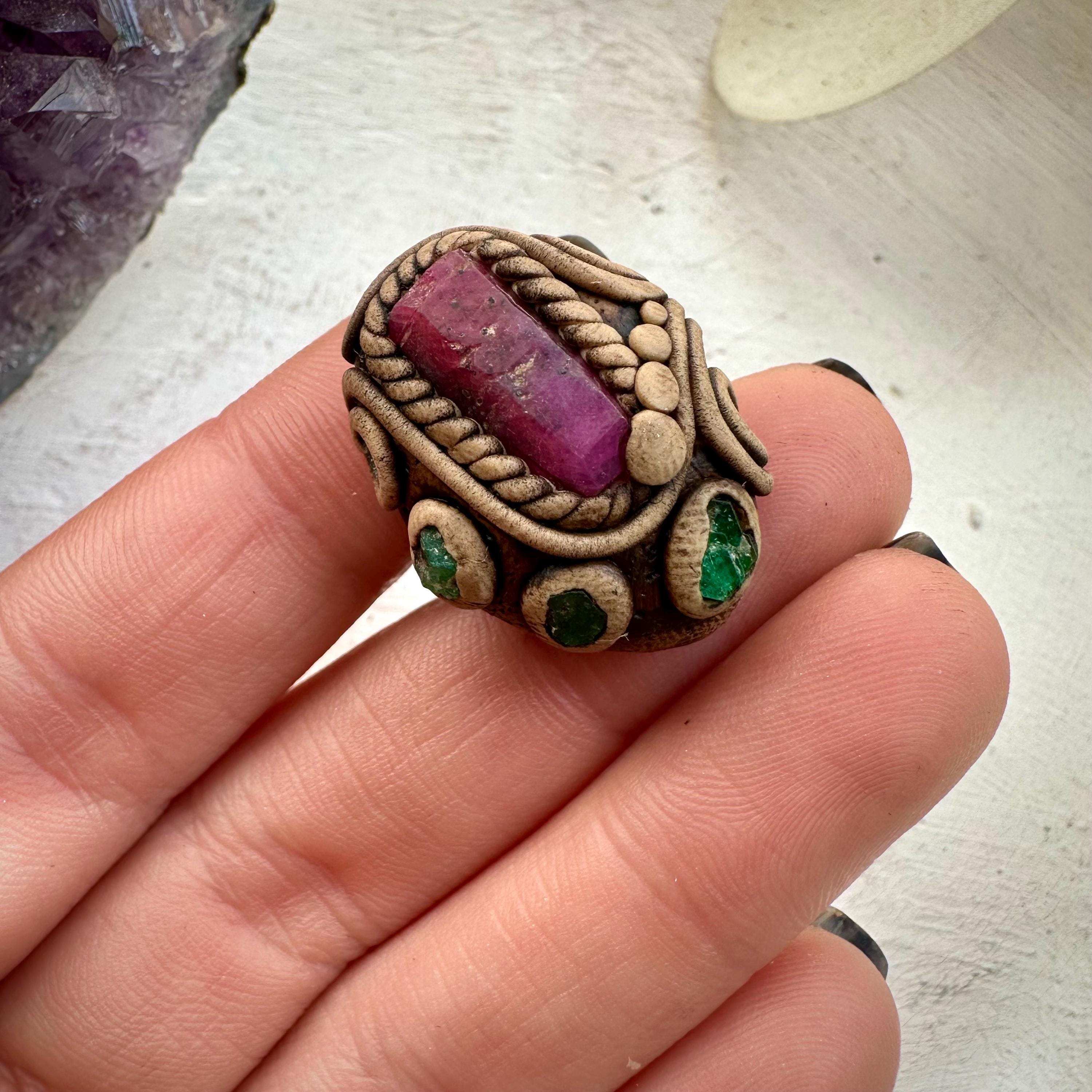 Raw Ruby and Emerald Ring - FairyGardenGlow