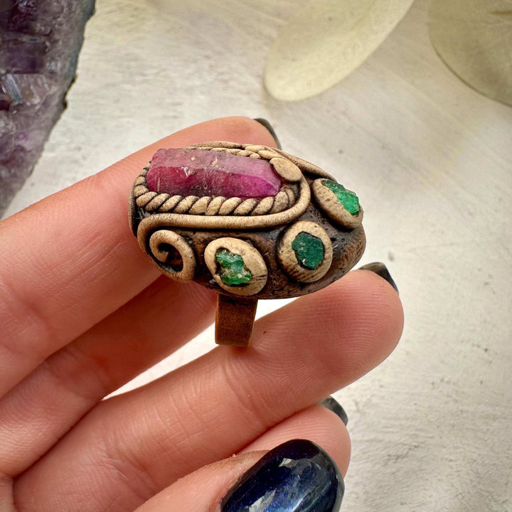 Raw Ruby and Emerald Ring - FairyGardenGlow