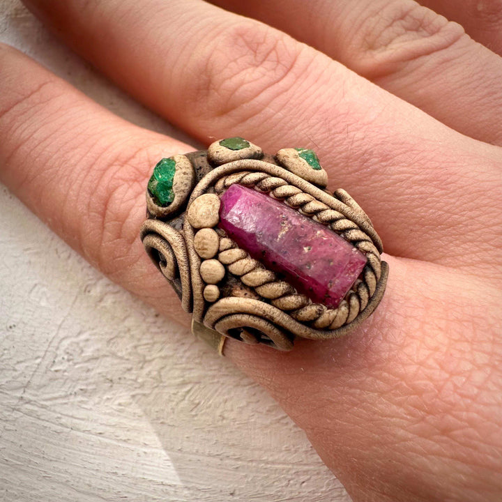 Raw Ruby and Emerald Ring - FairyGardenGlow