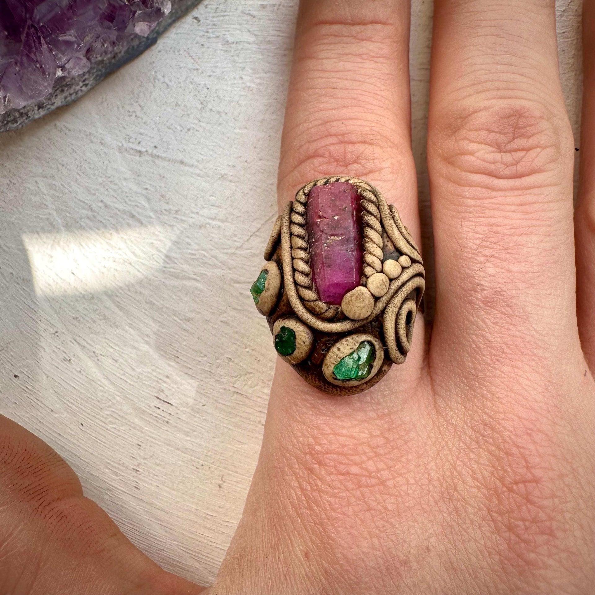 Raw Ruby and Emerald Ring - FairyGardenGlow