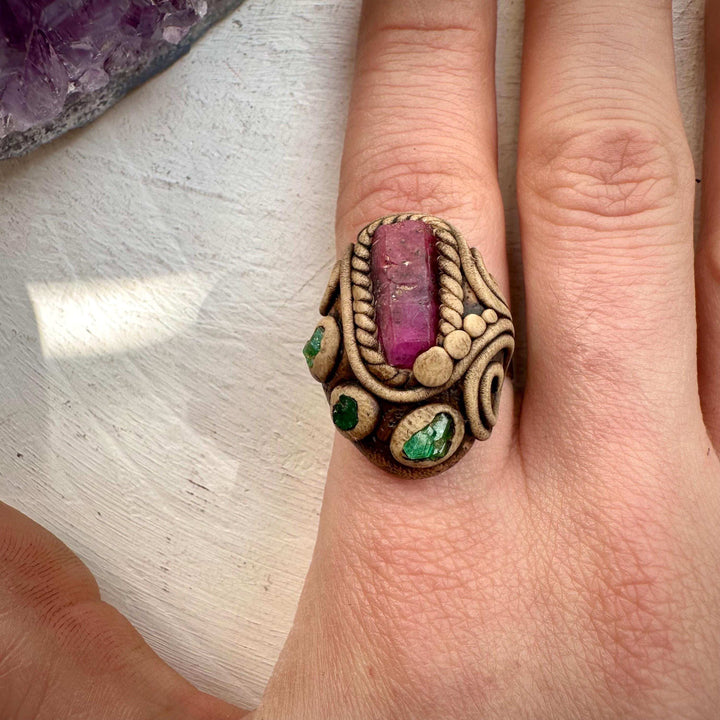 Raw Ruby and Emerald Ring - FairyGardenGlow