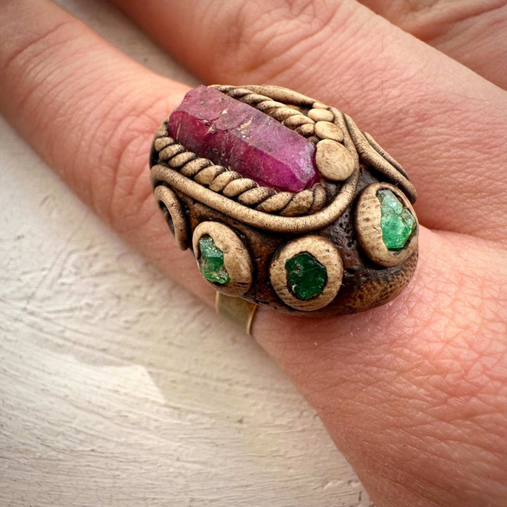 Raw Ruby and Emerald Ring - FairyGardenGlow