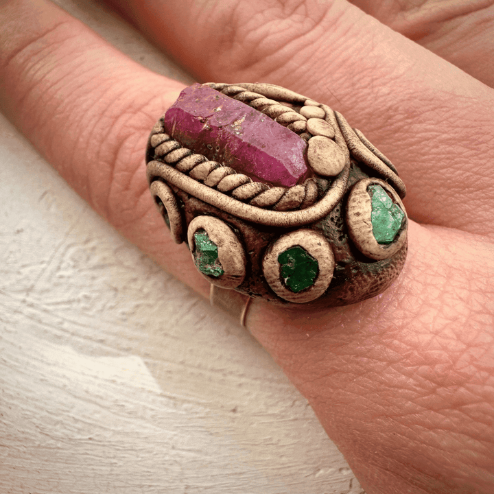 Raw Ruby and Emerald Ring - FairyGardenGlow