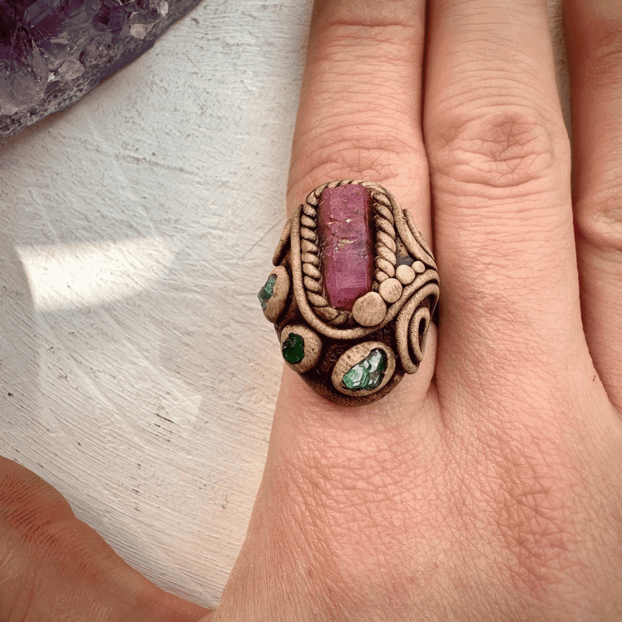 Raw Ruby and Emerald Ring - FairyGardenGlow