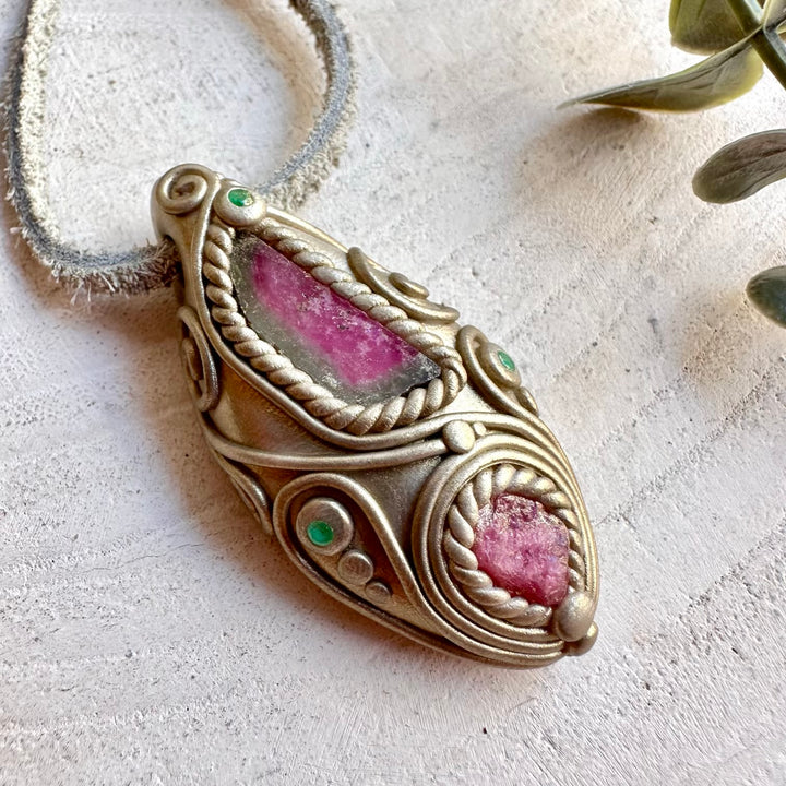Handmade healing crystal necklace featuring Watermelon Tourmaline, Raw Spinel and natural Emerald.