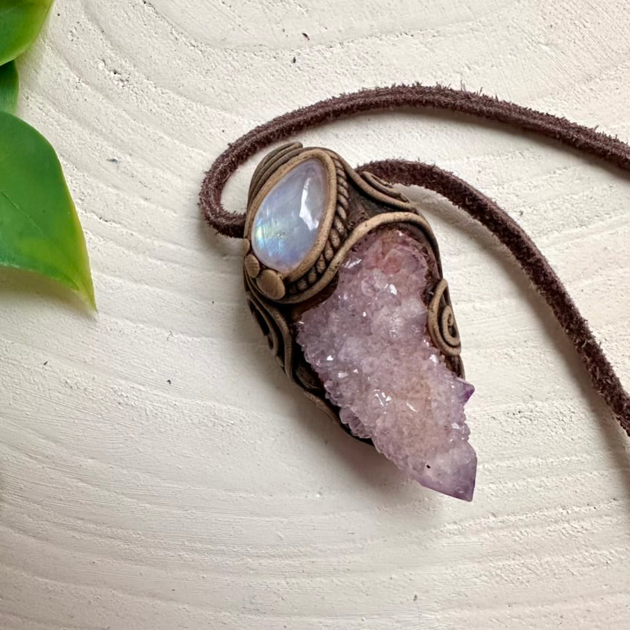 Raw Spirit Quartz pendant accented with Rainbow Moonstone