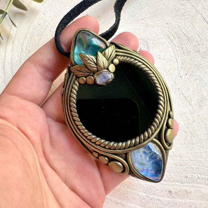 Handmade gemstone pendant with Black Obsidian, Aqua Aura Quartz, Rainbow Moonstone and Raw Tanzanite.
