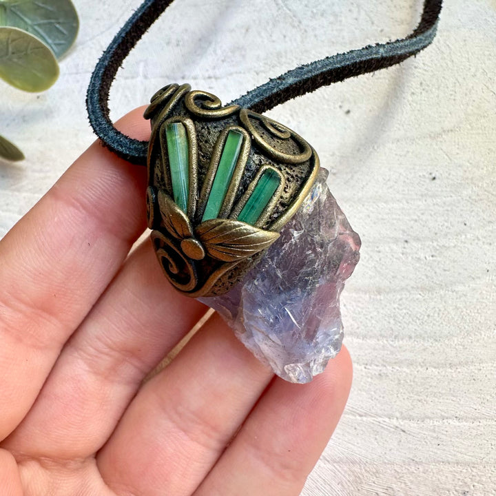 Unique raw fluorite crystal pendant necklace