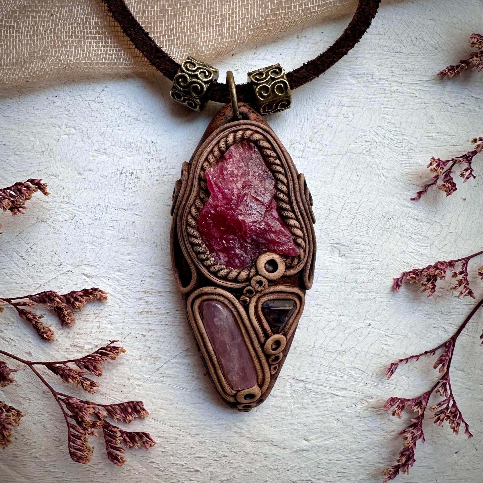 Raw Rhodonite Kunzite and Iolite Necklace - FairyGardenGlow