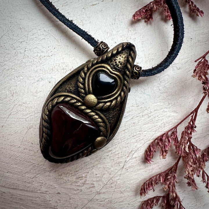 Red Garnet and Black Onyx Heart Necklace - FairyGardenGlow