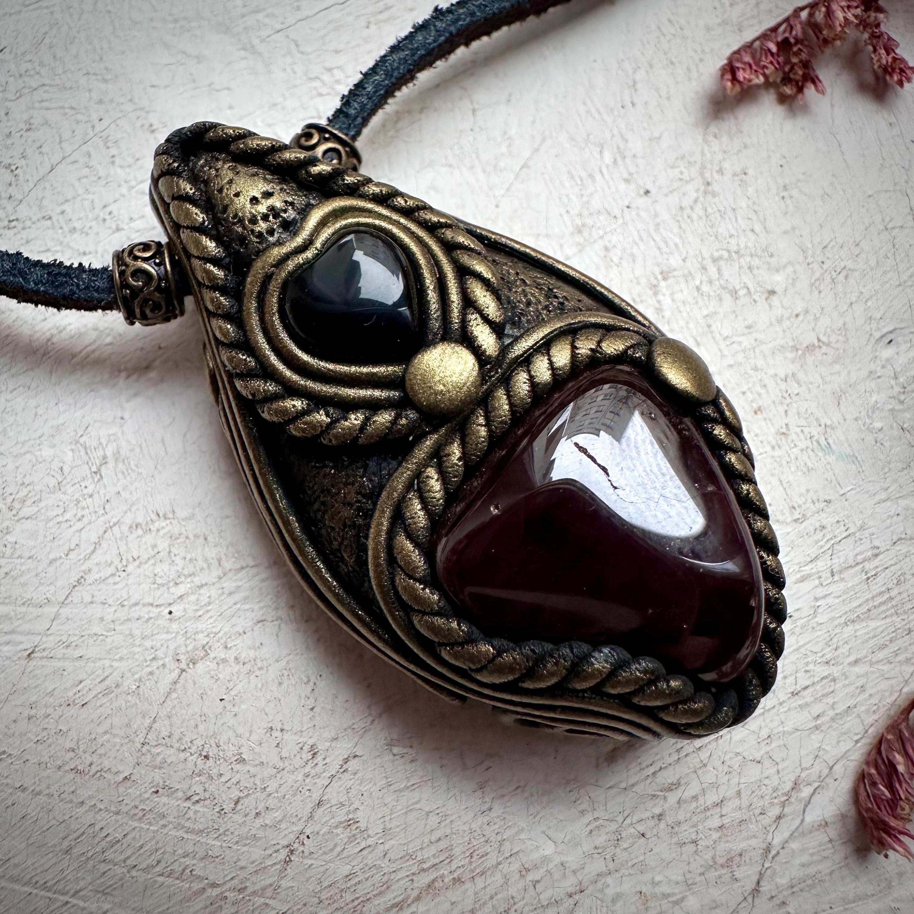 Red Garnet and Black Onyx Heart Necklace - FairyGardenGlow