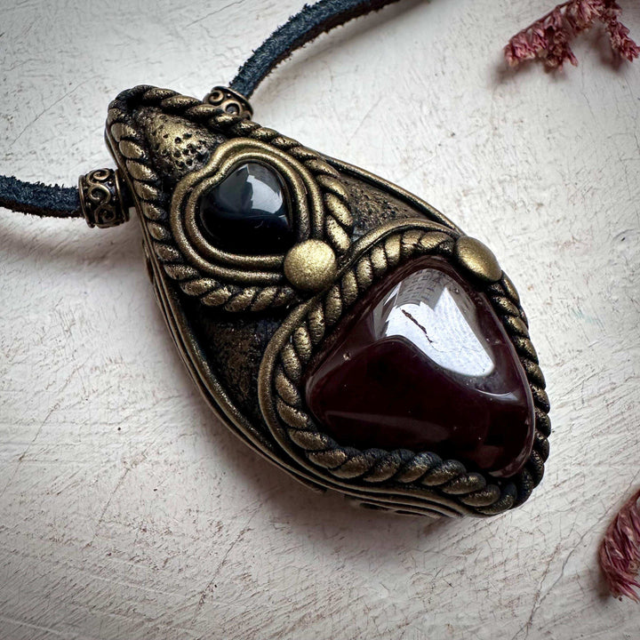 Red Garnet and Black Onyx Heart Necklace - FairyGardenGlow