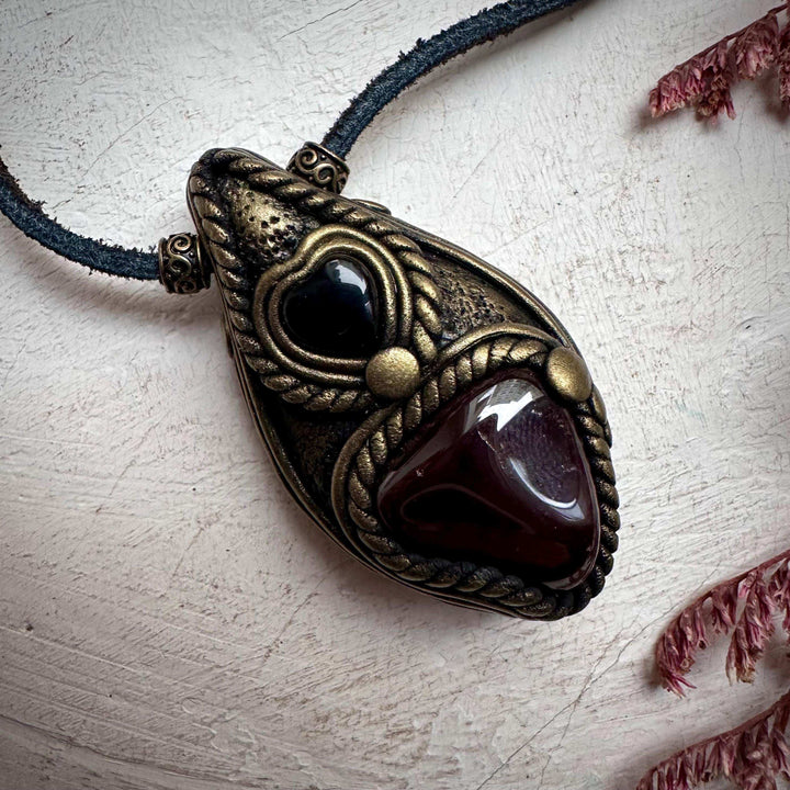 Red Garnet and Black Onyx Heart Necklace - FairyGardenGlow