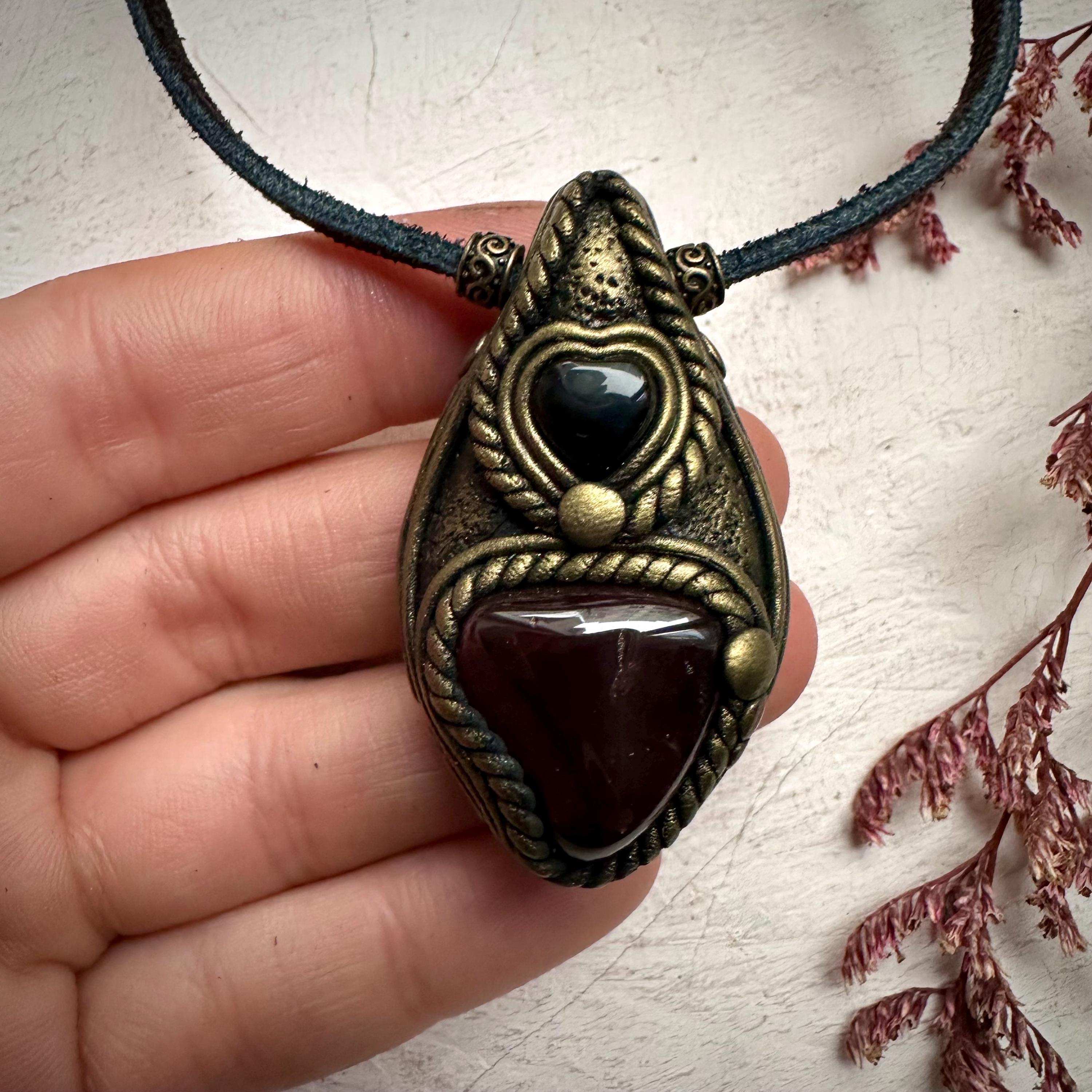 Red Garnet and Black Onyx Heart Necklace - FairyGardenGlow